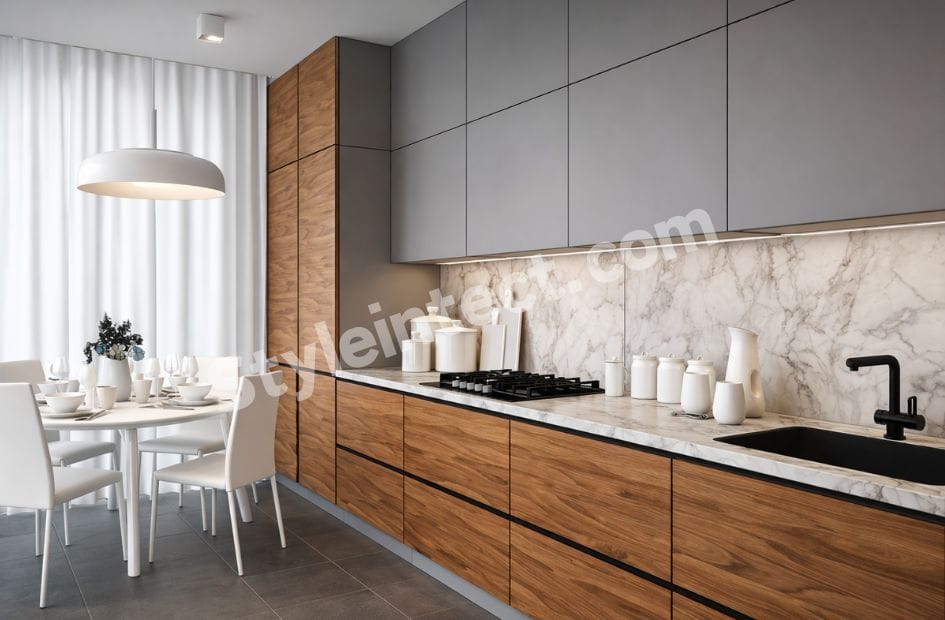 Modern modular kitchen design with parallel layout, grey upper cabinets, walnut wood base cabinets, marble backsplash, black sink, and integrated dining area