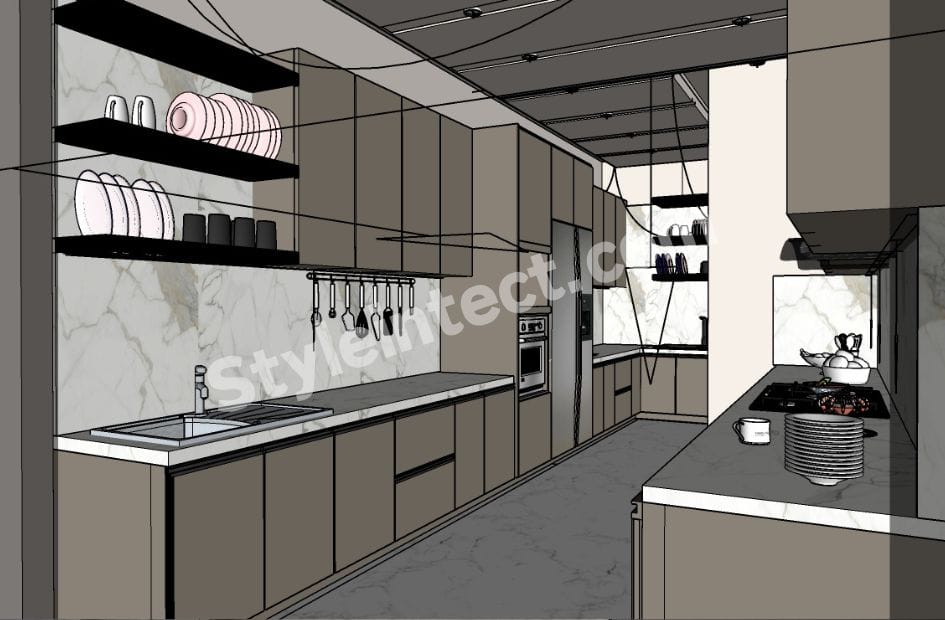 Modern Parallel Modular Kitchen Design with taupe grey cabinets, marble countertop, open shelving, built-in appliances, recessed ceiling lighting, and luxury contemporary kitchen interior