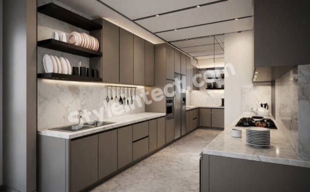Modern Parallel Modular Kitchen Design with taupe grey cabinets, marble countertop, open shelving, built-in appliances, recessed ceiling lighting, and luxury contemporary kitchen interior