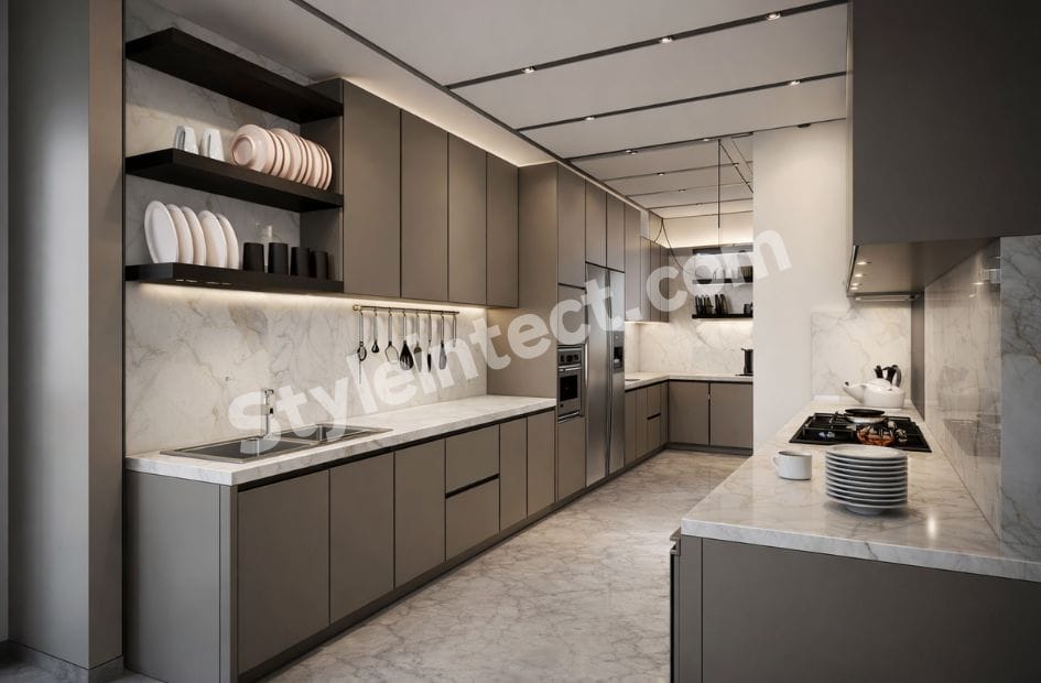 Modern Parallel Modular Kitchen Design with taupe grey cabinets, marble countertop, open shelving, built-in appliances, recessed ceiling lighting, and luxury contemporary kitchen interior