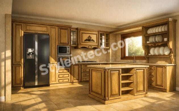 Luxury Classical Modular Kitchen Design with U-Shaped Wooden Kitchen, Solid Wood Cabinets, Granite Countertop, Central Island and Elegant Classical Interior