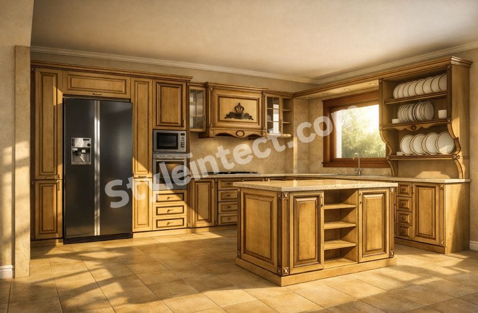 Luxury Classical Modular Kitchen Design with U-Shaped Wooden Kitchen, Solid Wood Cabinets, Granite Countertop, Central Island and Elegant Classical Interior