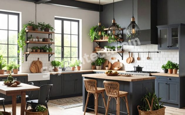 Modern Rustic Kitchen Interior Design with L-Shaped modular layout, charcoal grey cabinets, wooden countertops, kitchen island, open shelving, white subway tile backsplash, pendant lighting, and farmhouse sink.