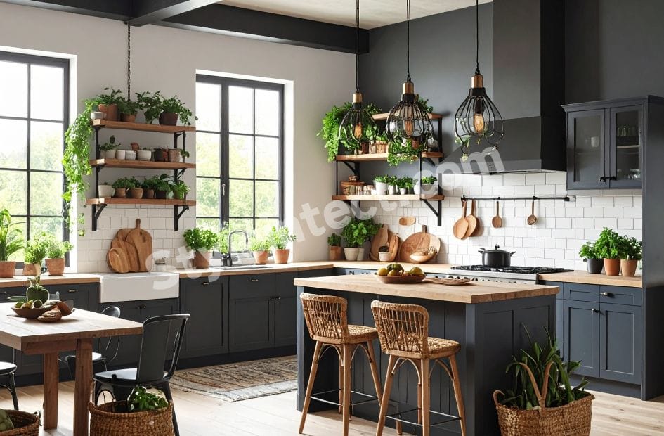 Modern Rustic Kitchen Interior Design with L-Shaped modular layout, charcoal grey cabinets, wooden countertops, kitchen island, open shelving, white subway tile backsplash, pendant lighting, and farmhouse sink.