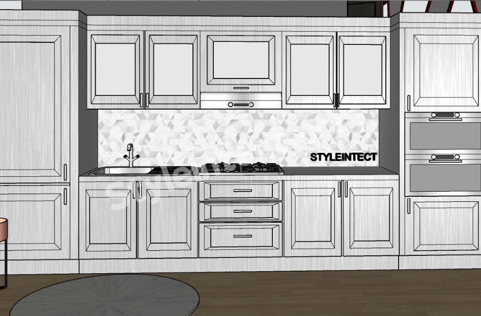 Modern Classical Kitchen Design with straight light wood modular kitchen, raised-panel cabinets, white countertop, marble backsplash, and built-in appliances for luxury home interiors.