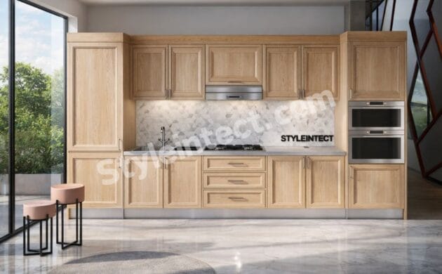 Modern Classical Kitchen Design with straight light wood modular kitchen, raised-panel cabinets, white countertop, marble backsplash, and built-in appliances for luxury home interiors.