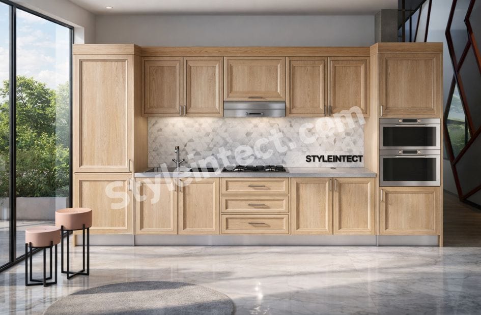 Modern Classical Kitchen Design with straight light wood modular kitchen, raised-panel cabinets, white countertop, marble backsplash, and built-in appliances for luxury home interiors.