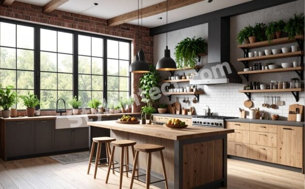 Modern Rustic Kitchen Design with L-Shaped Modular Kitchen, Natural Wood Cabinets, Open Shelving, Black Accents, and Spacious Kitchen Island by StyleIntect.