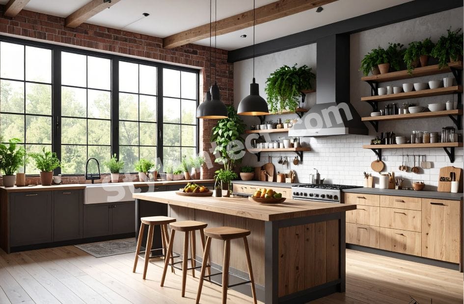 Modern Rustic Kitchen Design with L-Shaped Modular Kitchen, Natural Wood Cabinets, Open Shelving, Black Accents, and Spacious Kitchen Island by StyleIntect.