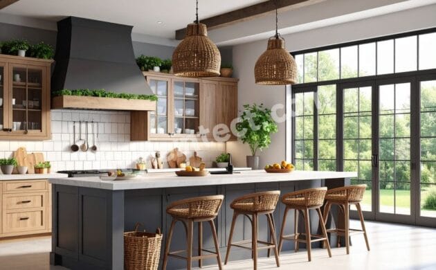 Modern Rustic Kitchen Design with natural wood cabinets, large island kitchen, charcoal grey cabinetry, woven pendant lights, and luxury modular kitchen interior.