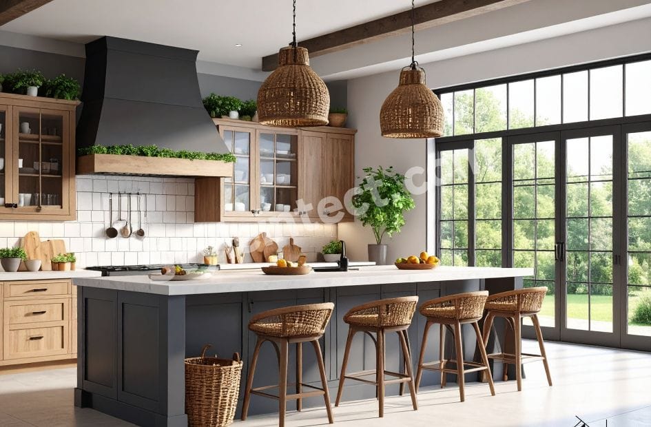 Modern Rustic Kitchen Design with natural wood cabinets, large island kitchen, charcoal grey cabinetry, woven pendant lights, and luxury modular kitchen interior.