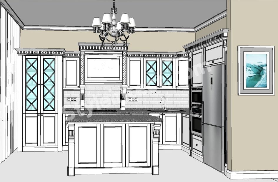 Luxury Classical Modular Kitchen Design with U-Shaped White Raised Panel Cabinets, Granite Countertop, Kitchen Island, Glass Display Cabinets and Elegant Chandelier by StyleIntect