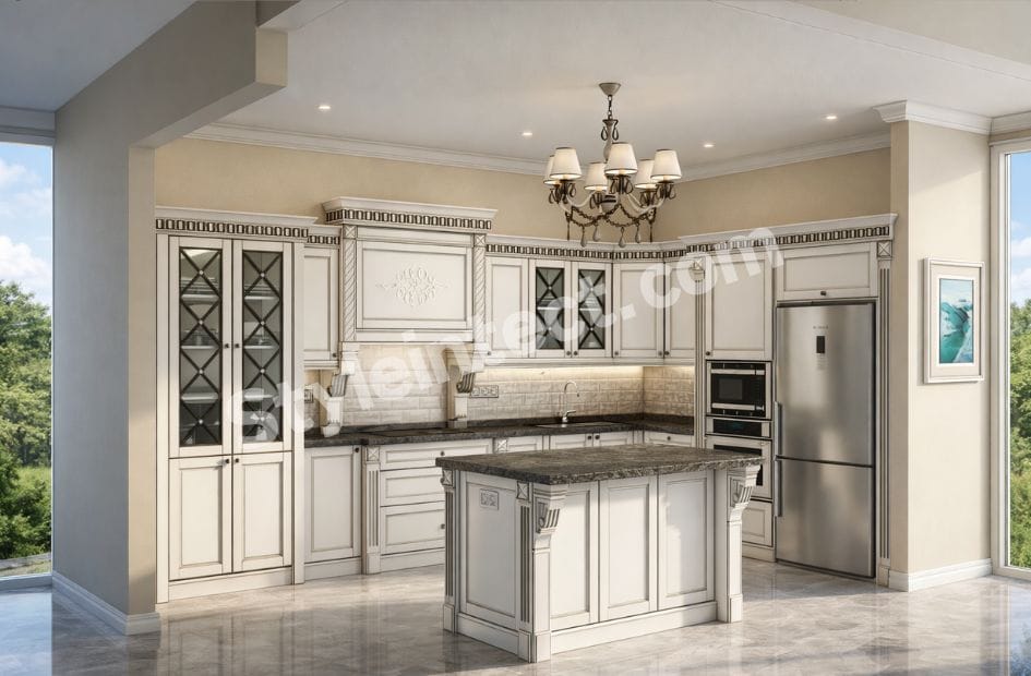 Luxury Classical Modular Kitchen Design with U-Shaped White Raised Panel Cabinets, Granite Countertop, Kitchen Island, Glass Display Cabinets and Elegant Chandelier by StyleIntect