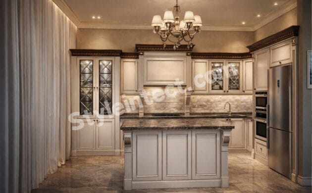Luxury Classical Modular Kitchen Design with U-Shaped White Raised Panel Cabinets, Granite Countertop, Kitchen Island, Glass Display Cabinets and Elegant Chandelier by StyleIntect