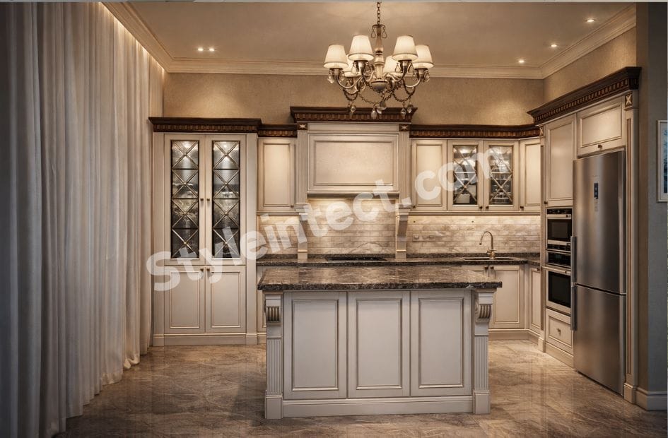 Luxury Classical Modular Kitchen Design with U-Shaped White Raised Panel Cabinets, Granite Countertop, Kitchen Island, Glass Display Cabinets and Elegant Chandelier by StyleIntect