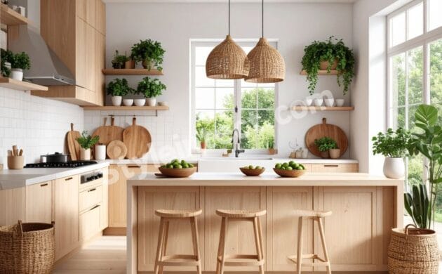 Modern Japandi Style Kitchen Interior Design – Island Kitchen in Natural Wood Finish