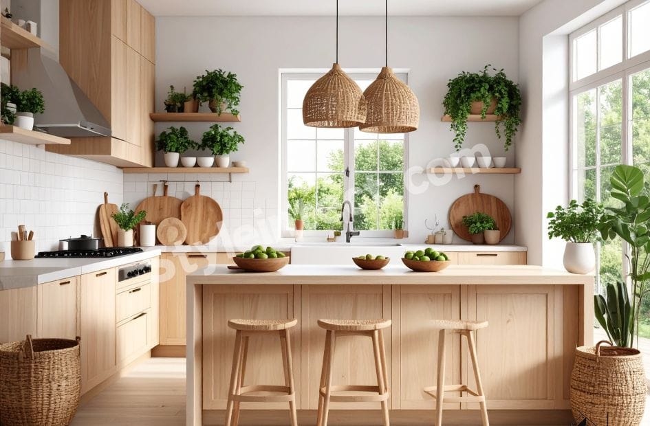Modern Japandi Style Kitchen Interior Design – Island Kitchen in Natural Wood Finish