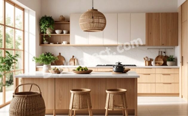 Modern Japandi kitchen interior design with natural wood modular cabinets, white cabinetry, kitchen island, open shelving, woven pendant light, and minimalist luxury interior.