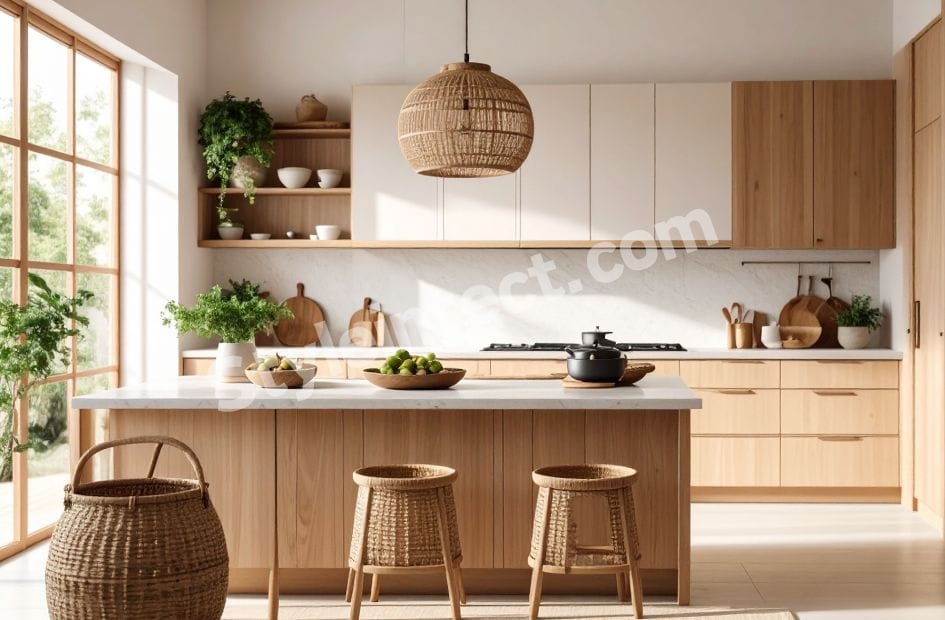 Modern Japandi kitchen interior design with natural wood modular cabinets, white cabinetry, kitchen island, open shelving, woven pendant light, and minimalist luxury interior.