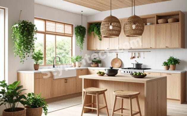 Modern Japandi Style Kitchen Interior Design – Island Kitchen in Natural Wood Finish