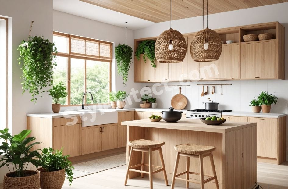 Modern Japandi Style Kitchen Interior Design – Island Kitchen in Natural Wood Finish