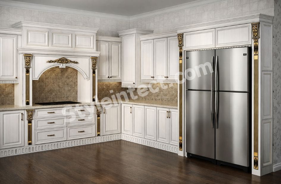 Luxury Classical Modular Kitchen Design – U-Shaped Ivory Kitchen