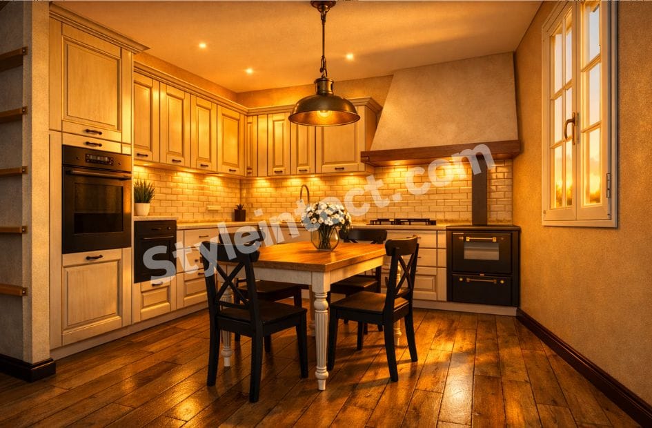 Modern Shaker Kitchen Design with U-Shaped White Modular Kitchen, Shaker Cabinets, Subway Tile Backsplash, Wooden Flooring and Built-In Appliances by StyleIntect