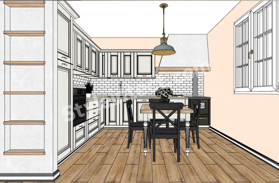 Modern Shaker Kitchen Design with U-Shaped White Modular Kitchen, Shaker Cabinets, Subway Tile Backsplash, Wooden Flooring and Built-In Appliances by StyleIntect