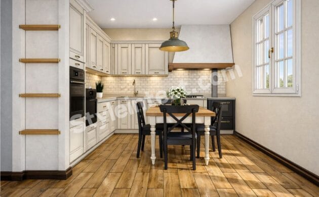Modern Shaker Kitchen Design with U-Shaped White Modular Kitchen, Shaker Cabinets, Subway Tile Backsplash, Wooden Flooring and Built-In Appliances by StyleIntect