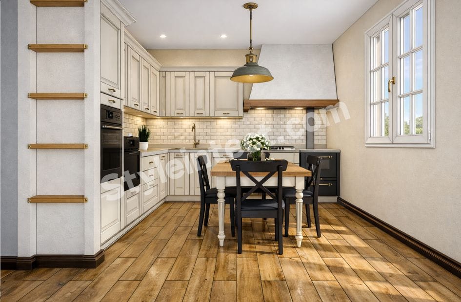 Modern Shaker Kitchen Design with U-Shaped White Modular Kitchen, Shaker Cabinets, Subway Tile Backsplash, Wooden Flooring and Built-In Appliances by StyleIntect