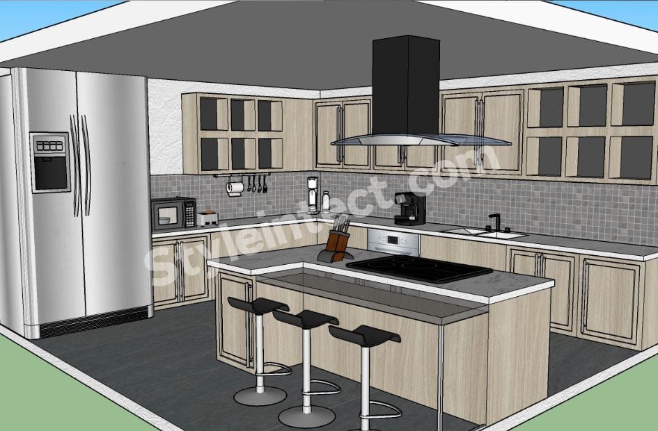 Modern Modular Kitchen Design with U-shaped layout, light wood cabinets, glass-front storage, kitchen island, stone countertop, grey backsplash, stainless steel appliances, and contemporary interior by StyleIntect