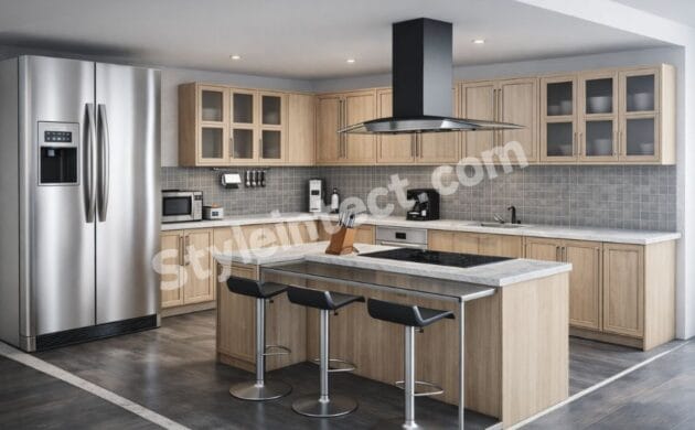 Modern Modular Kitchen Design with U-shaped layout, light wood cabinets, glass-front storage, kitchen island, stone countertop, grey backsplash, stainless steel appliances, and contemporary interior by StyleIntect