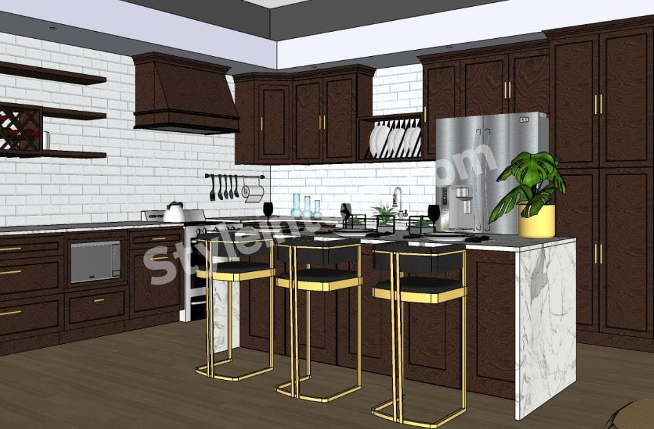 Luxury Classical Modular Kitchen Design with L-Shaped Dark Wood Cabinets, Kitchen Island, White Brick Backsplash, Stone Countertops, and Premium Modular Kitchen Interior