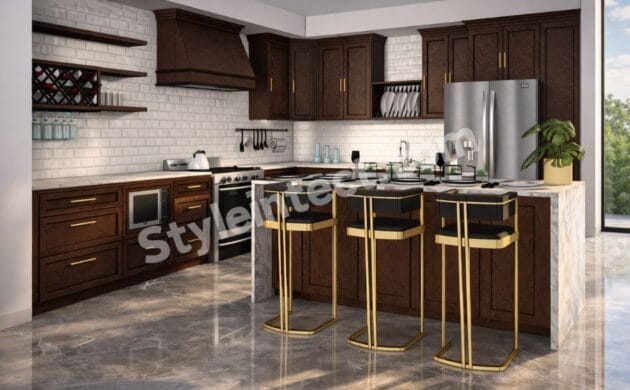 Luxury Classical Modular Kitchen Design with L-Shaped Dark Wood Cabinets, Kitchen Island, White Brick Backsplash, Stone Countertops, and Premium Modular Kitchen Interior