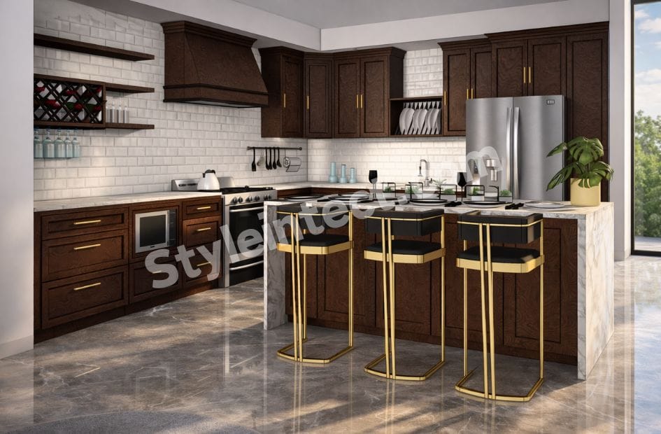 Luxury Classical Modular Kitchen Design with L-Shaped Dark Wood Cabinets, Kitchen Island, White Brick Backsplash, Stone Countertops, and Premium Modular Kitchen Interior