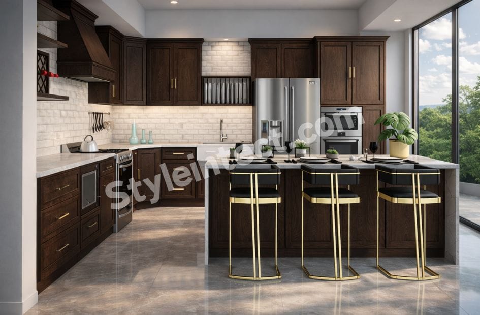 Luxury Classical Modular Kitchen Design with L-Shaped Dark Wood Cabinets, Kitchen Island, White Brick Backsplash, Stone Countertops, and Premium Modular Kitchen Interior
