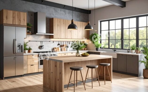 Modern Japandi Kitchen Design with natural wooden cabinets, island kitchen layout, black pendant lights, large windows, and minimalist modular kitchen interior