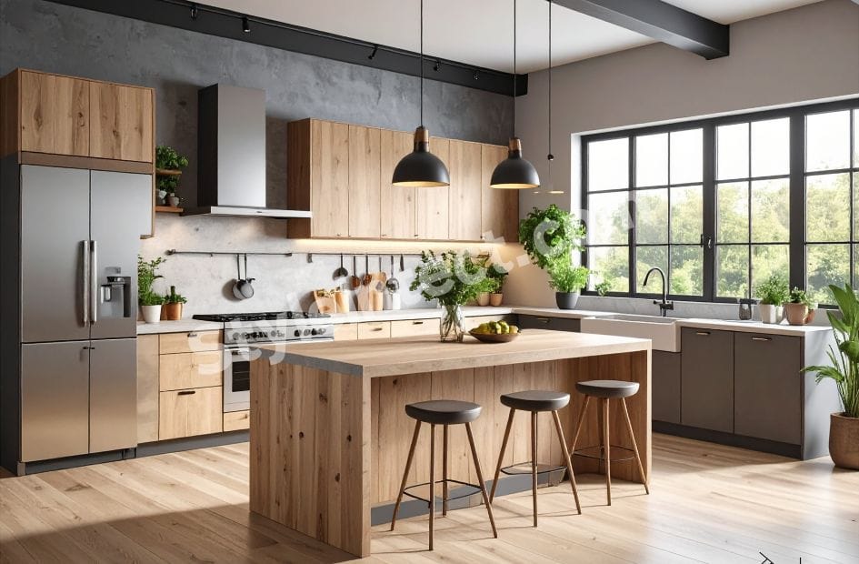 Modern Japandi Kitchen Design with natural wooden cabinets, island kitchen layout, black pendant lights, large windows, and minimalist modular kitchen interior
