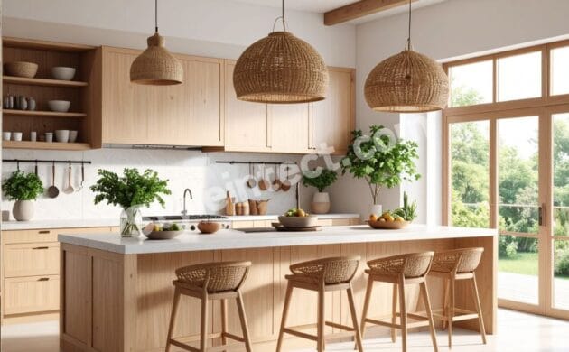 Modern Japandi kitchen design with natural wood modular cabinets, spacious island kitchen, woven pendant lights, open shelving, and bright minimalist interior.