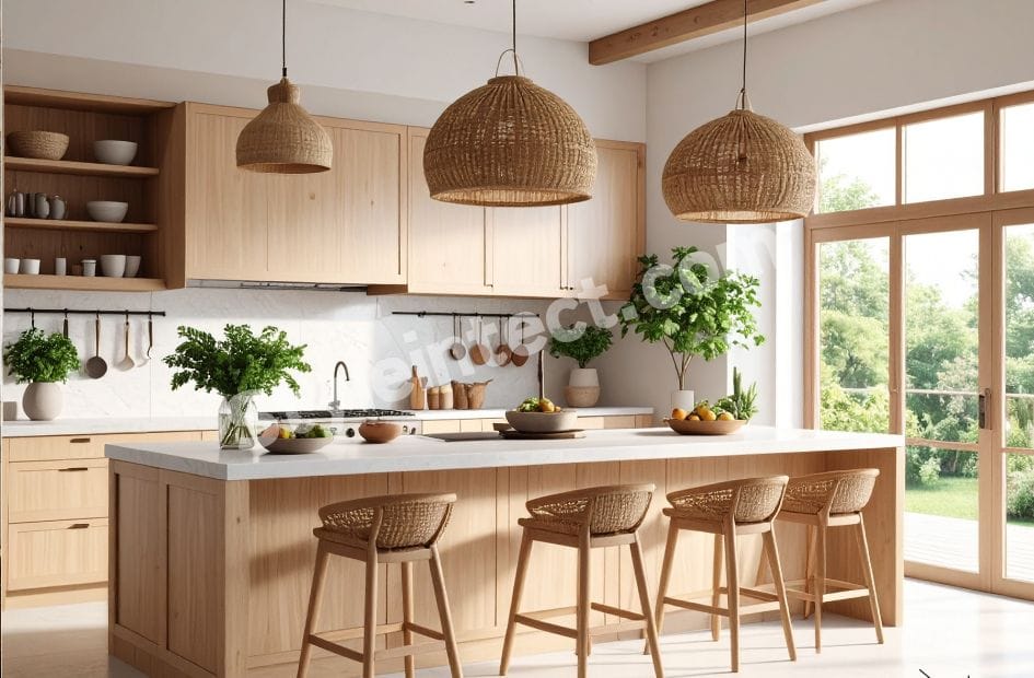 Modern Japandi kitchen design with natural wood modular cabinets, spacious island kitchen, woven pendant lights, open shelving, and bright minimalist interior.