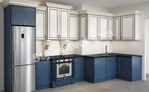 Modern Classical Modular Kitchen Design with L-Shaped Blue and White Cabinets, Granite Countertop, and Built-in Appliances by StyleIntect