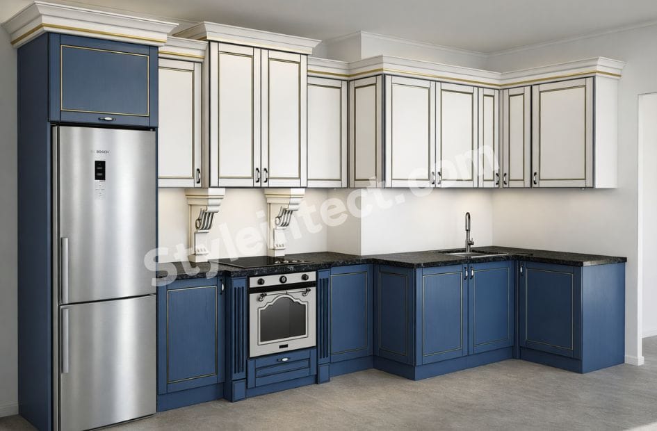 Modern Classical Modular Kitchen Design with L-Shaped Blue and White Cabinets, Granite Countertop, and Built-in Appliances by StyleIntect