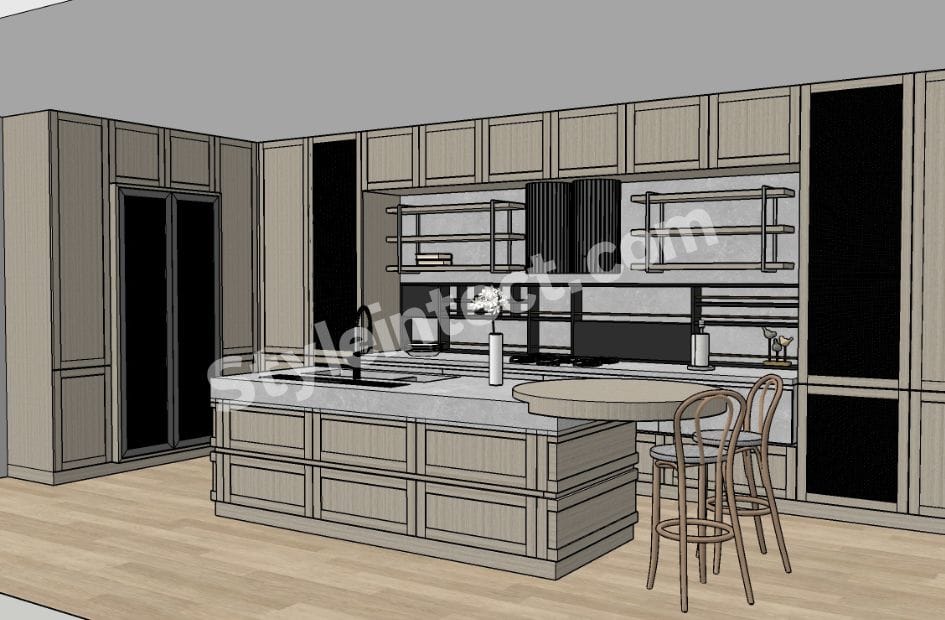 Modern Shaker Modular Kitchen Design with island kitchen layout, natural oak Shaker cabinets, grey stone countertop, black open shelving, and luxury modular kitchen interior by StyleIntect.