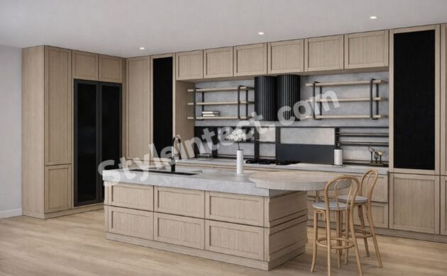 Modern Shaker Modular Kitchen Design with island kitchen layout, natural oak Shaker cabinets, grey stone countertop, black open shelving, and luxury modular kitchen interior by StyleIntect.
