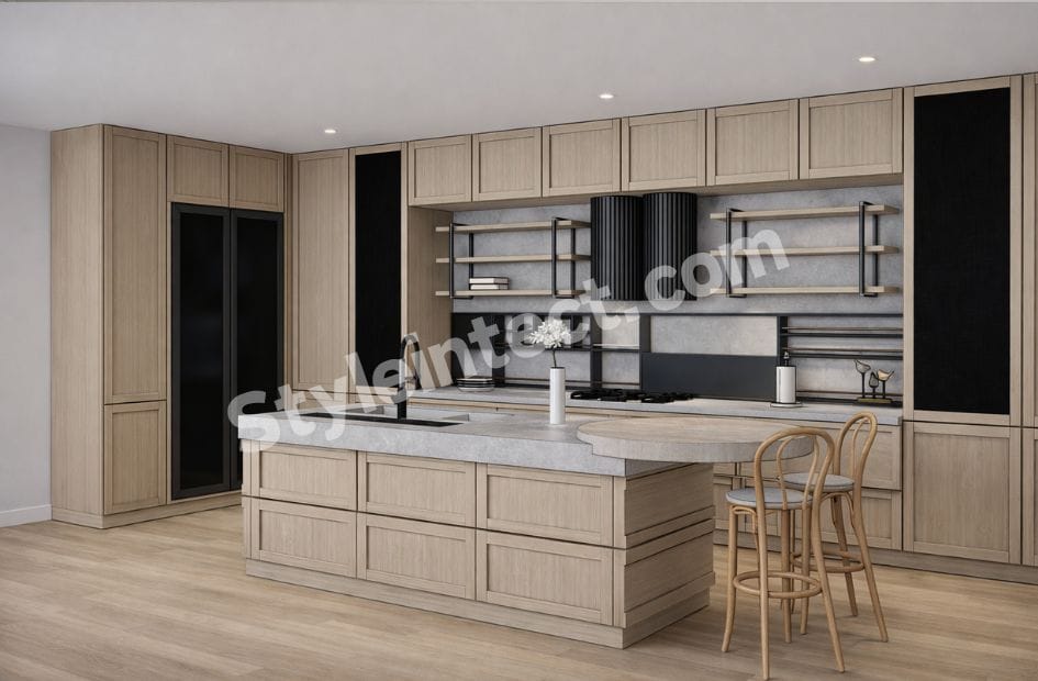 Modern Shaker Modular Kitchen Design with island kitchen layout, natural oak Shaker cabinets, grey stone countertop, black open shelving, and luxury modular kitchen interior by StyleIntect.