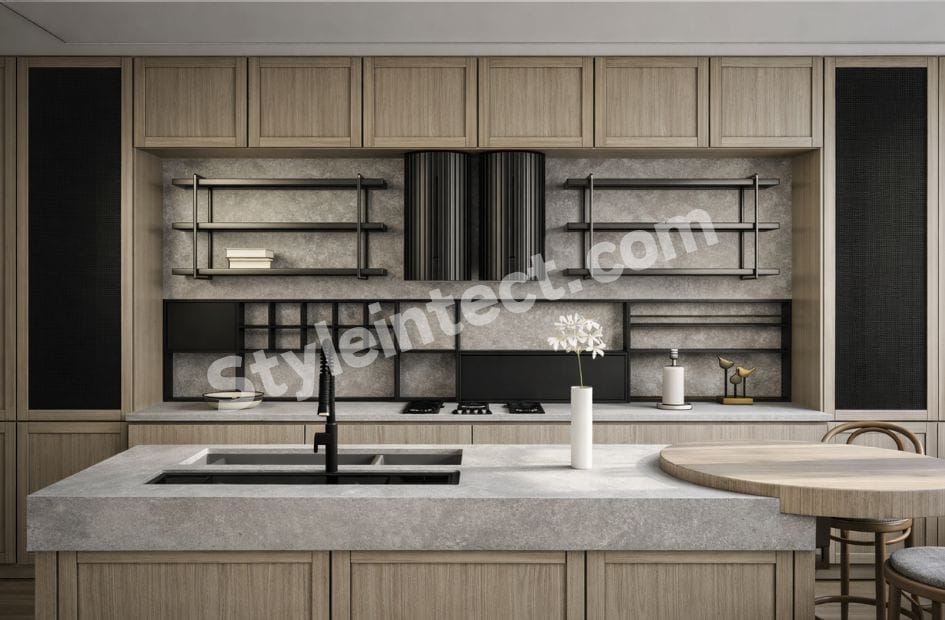 Modern Shaker Modular Kitchen Design with island kitchen layout, natural oak Shaker cabinets, grey stone countertop, black open shelving, and luxury modular kitchen interior by StyleIntect.