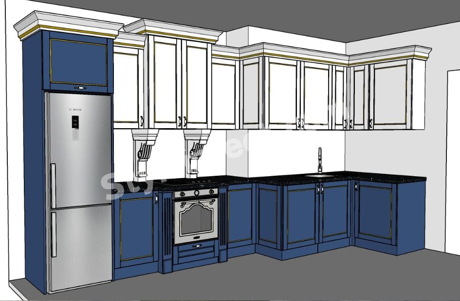 Modern Classical Modular Kitchen Design with L-Shaped Blue and White Cabinets, Granite Countertop, and Built-in Appliances by StyleIntect