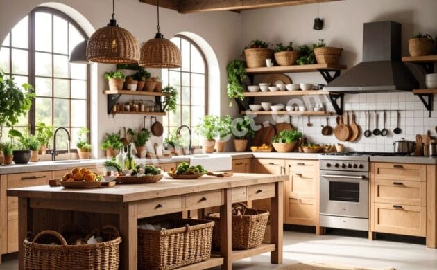 Modern Rustic Kitchen Design with island kitchen, natural solid wood cabinets, open shelving, farmhouse sink, white tile backsplash, wooden ceiling beams, and woven pendant lighting for a stylish residential kitchen