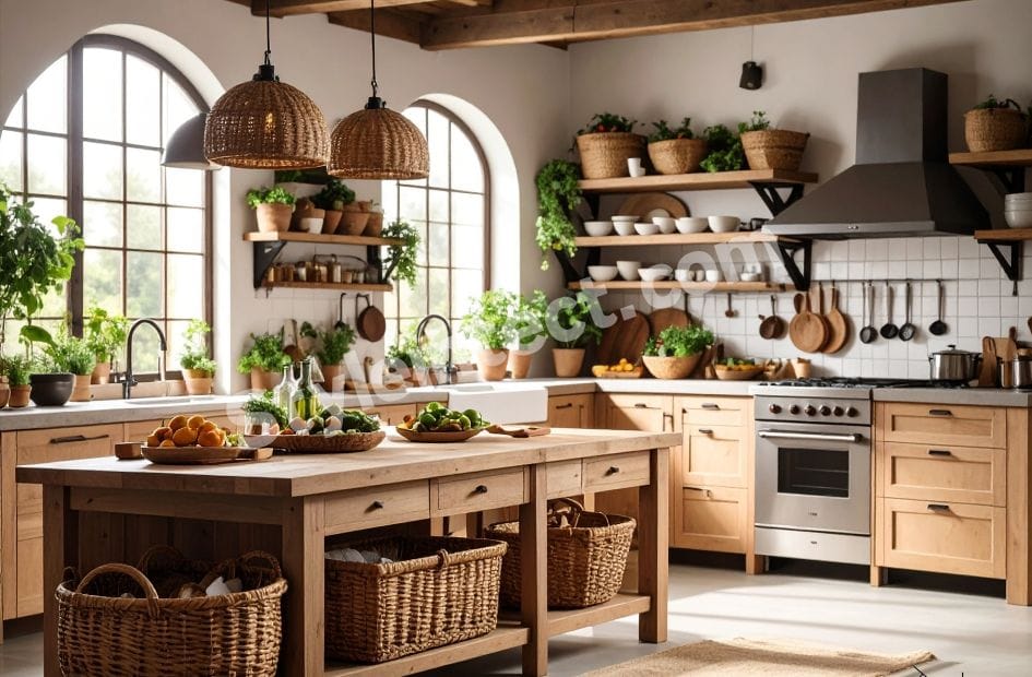 Modern Rustic Kitchen Design with island kitchen, natural solid wood cabinets, open shelving, farmhouse sink, white tile backsplash, wooden ceiling beams, and woven pendant lighting for a stylish residential kitchen