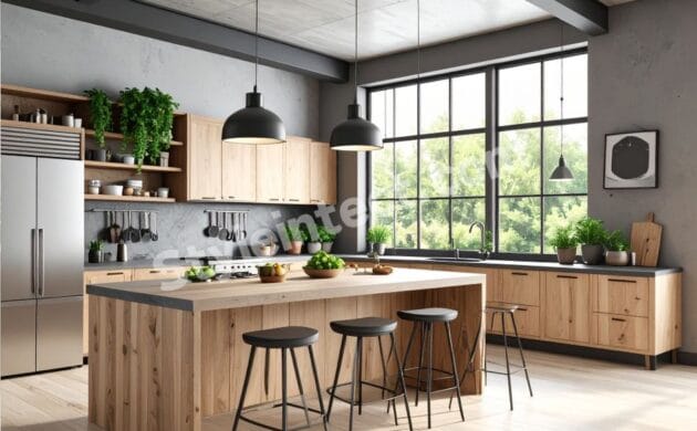 Modern Industrial Modular Kitchen Design with natural wood cabinets, island kitchen, grey countertops, open shelving, black pendant lights, and large black-framed windows.